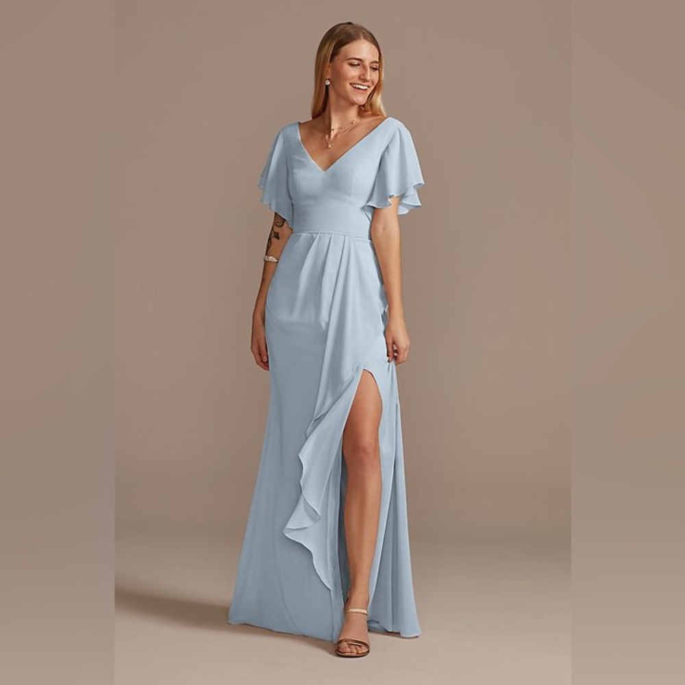 David’s Bridal Flutter Sleeve Bridesmaids Dress w/ Cascade: Ice Blue # F20320
